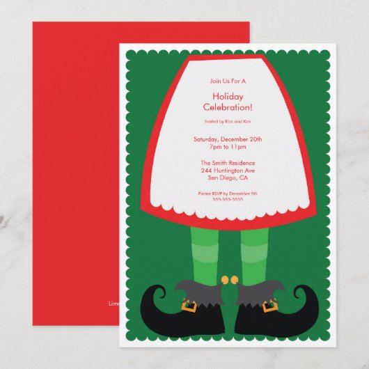 Cute Elf Skirt Holiday Party Uitnodiging (Voorkant / Achterkant)
