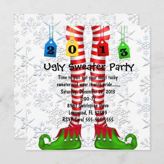 Cute Elf Stocking Ugly Sweater Party Invite Kaart (Voorkant / Achterkant)