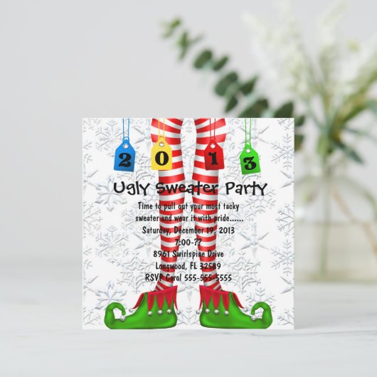 Cute Elf Stocking Ugly Sweater Party Invite Kaart (Staand voorkant)