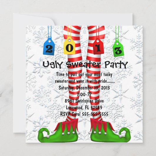 Cute Elf Stocking Ugly Sweater Party Invite Kaart (Voorkant)