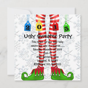 Cute Elf Stocking Ugly Sweater Party Invite Kaart