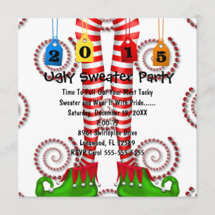 Cute Elf Stocking Ugly Sweater Party Invite Kaart