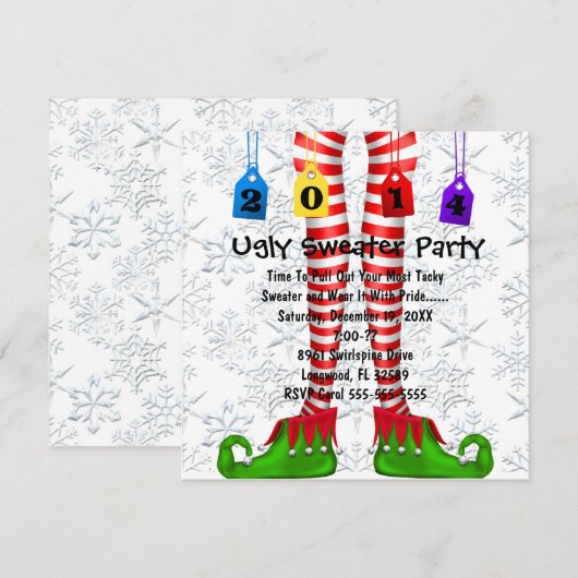 Cute Elf Stocking Ugly Sweater Party Invite Kaart (Voorkant / Achterkant)