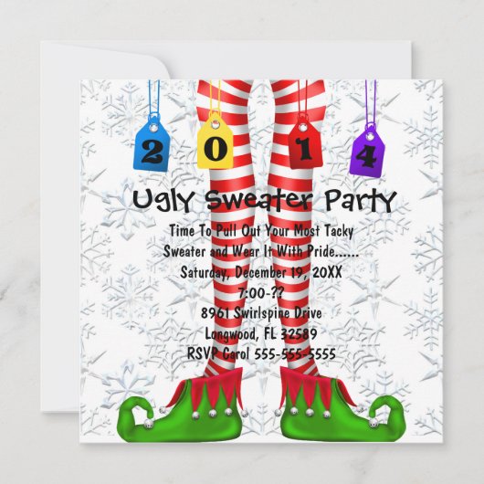 Cute Elf Stocking Ugly Sweater Party Invite Kaart (Voorkant)