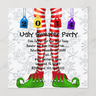 Cute Elf Stocking Ugly Sweater Party Invite Kaart