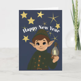 Cute Elf Watcher Starry Night Happy New Year Foldi Kaart