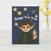 Cute Elf Watcher Starry Night Happy New Year Foldi Kaart (Gele Bloem)