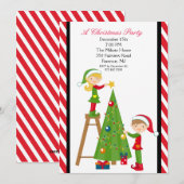 Cute Elves Decorting Tree Kerstparty nodigt uit Kaart (Voorkant / Achterkant)