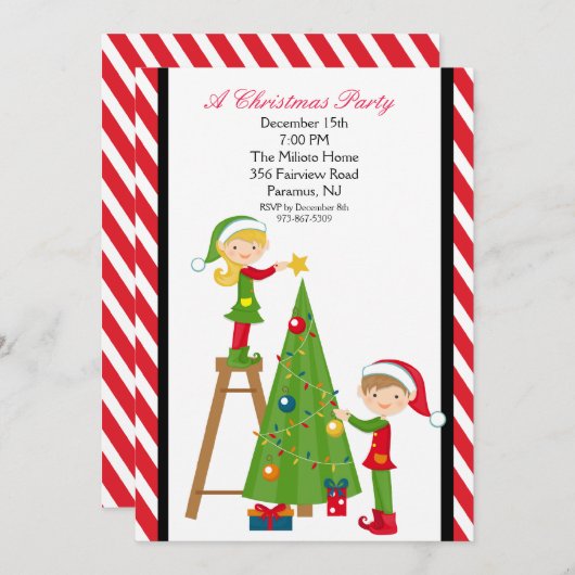 Cute Elves Decorting Tree Kerstparty nodigt uit Kaart (Voorkant / Achterkant)