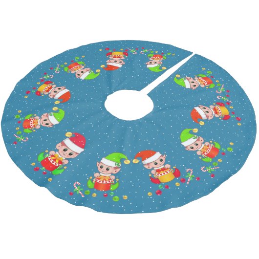 Cute Elves op Sapphire Blue met Sneeuwaccent Kerstboom Rok (Gekanteld)