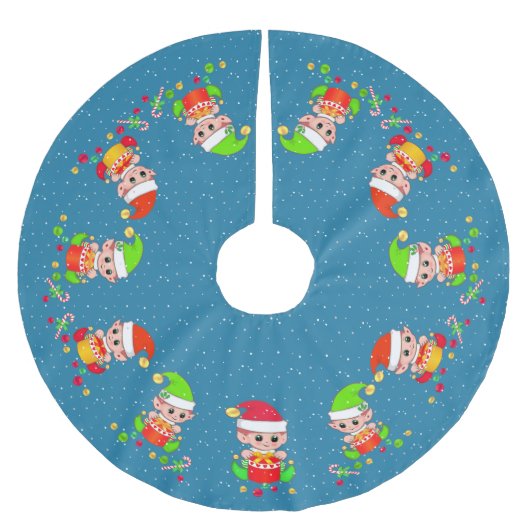 Cute Elves op Sapphire Blue met Sneeuwaccent Kerstboom Rok (Voorkant)