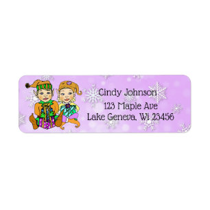 Cute Elves Paarse Snowflakes kerstKaart Etiket