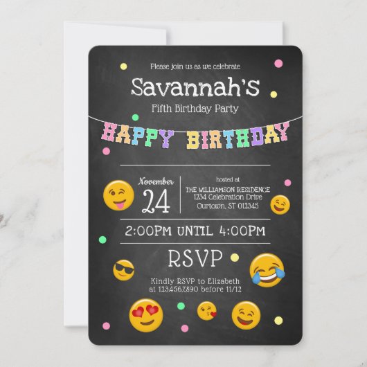 Cute Emoji Chalkboard Birthday Party Kaart (Voorkant)