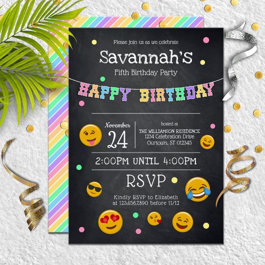 Cute Emoji Chalkboard Birthday Party Kaart