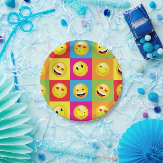 Cute Emoji Party Emoticon Faces Checkerboard Papieren Bordje (Feest)
