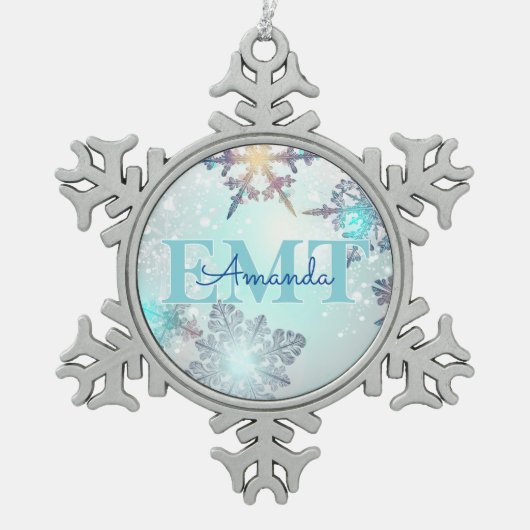 Cute EMT Ice Blue Snowflake Personalized Name  Tin Sneeuwvlok Ornament (Voorkant)