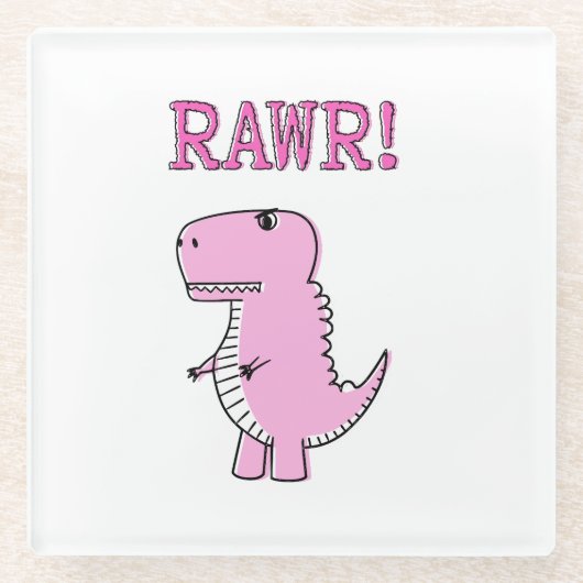 Cute en Angry roze Cartoon T-Rex Dinosaur Glazen Onderzetter (Voorkant)