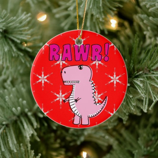 Cute en Angry roze Cartoon T-Rex Dinosaur Keramisch Ornament (Boom)