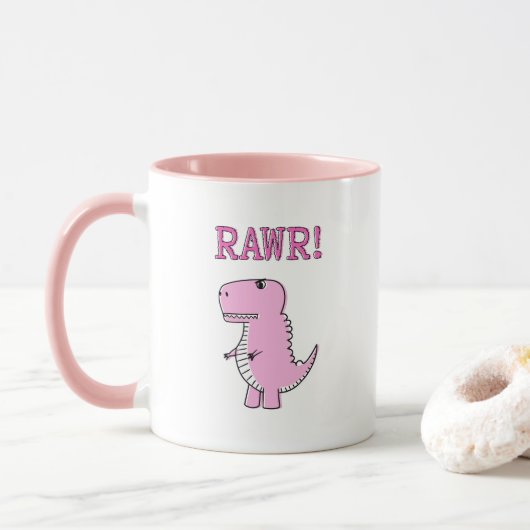 Cute en Angry roze Cartoon T-Rex Dinosaur Mok (Met donut)