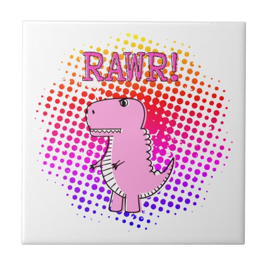 Cute en Angry roze Cartoon T-Rex Dinosaur Tegeltje (Voorkant)
