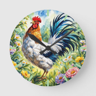 Cute en Colorful Rooster Clock Ronde Klok