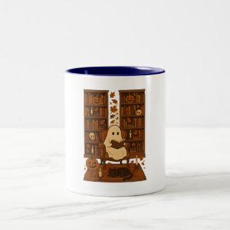 Cute en griezelige bibliotheek, herfstleesgeest, tweekleurige koffiemok