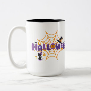 Cute en griezelige Halloween zwarte kat & spinnenw Tweekleurige Koffiemok