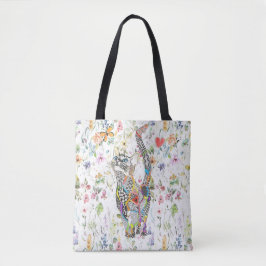 Cute en kleurrijke Cat Floral Canvas tas