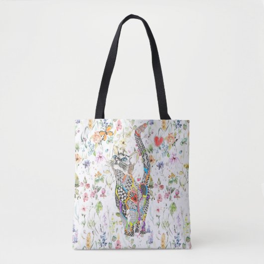 Cute en kleurrijke Cat Floral Canvas tas (Voorkant)