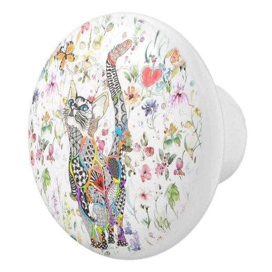 Cute en kleurrijke kat Floral Keramische Knop (Rechts)