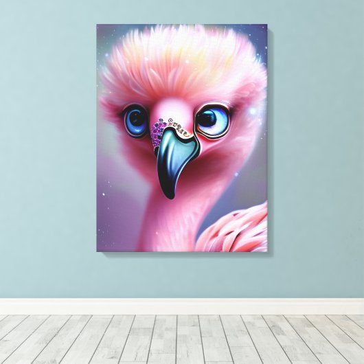 Cute en Schattige Kawaii Baby Flamingo Canvas Afdruk (Insitu (Houten vloer))