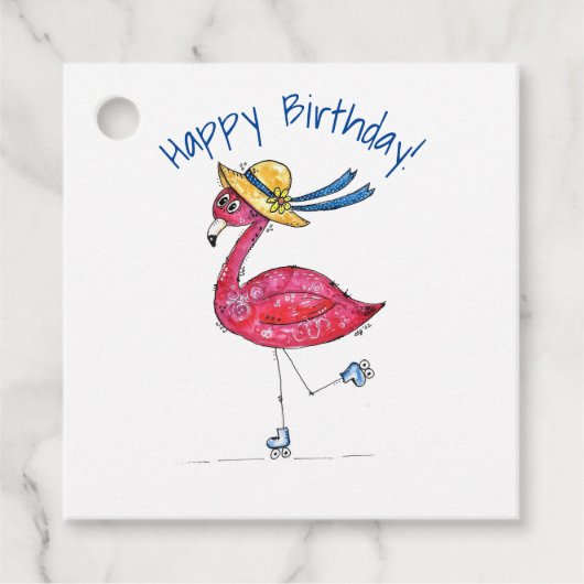 Cute en Whimsical Pink Flamingo on Schaatsen Bedankjes Labels (Voorkant)