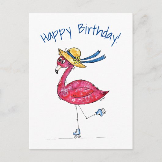 Cute en Whimsical Pink Flamingo on Schaatsen Briefkaart (Voorkant)