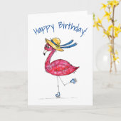 Cute en Whimsical Pink Flamingo on Schaatsen Kaart (Gele Bloem)