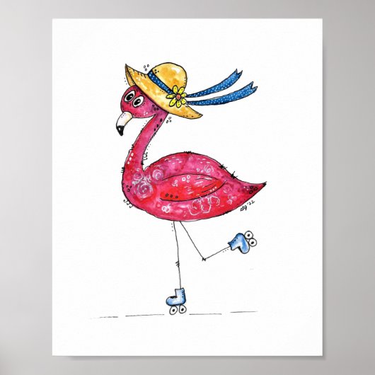 Cute en Whimsical Pink Flamingo on Schaatsen Poster (Voorkant)