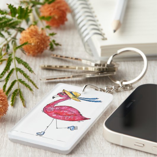 Cute en Whimsical Pink Flamingo on Schaatsen Sleutelhanger (Voorkant Rechts)