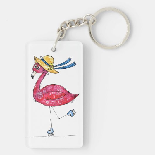 Cute en Whimsical Pink Flamingo on Schaatsen Sleutelhanger (achterkant)
