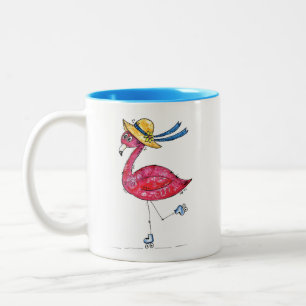 Cute en Whimsical Pink Flamingo on Schaatsen Tweekleurige Koffiemok