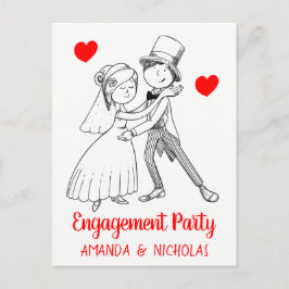 Cute Engagement Party Cartoon Bride Groom Wedding Uitnodiging Briefkaart