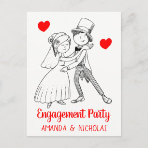 Cute Engagement Party Cartoon Bride Groom Wedding Uitnodiging Briefkaart