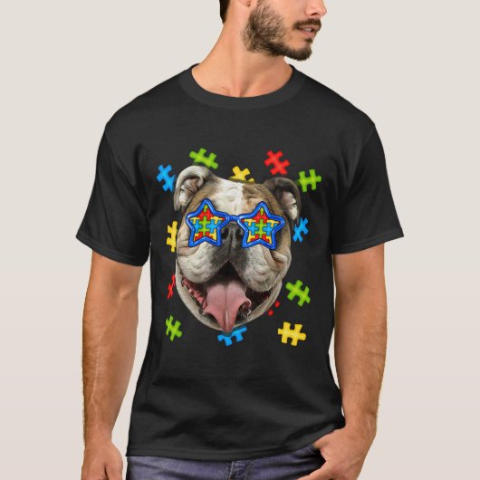 Cute English Bulldog Autism Puzzle Sunglazen Pupp T-shirt (Voorkant)