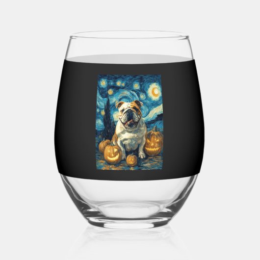 Cute English Bulldog Dog Halloween Jack O Lantern Wijnglas Zonder Voet (Voorkant)