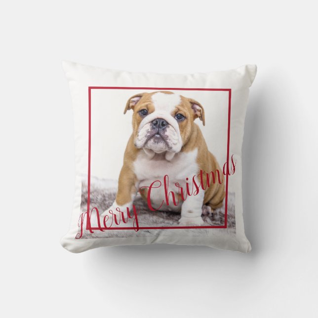Cute English Bulldog Merry Kerstfeestay Foto Kussen (Voorkant)