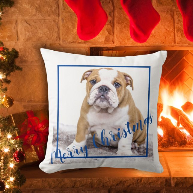 Cute English Bulldog Merry Kerstfeestay Foto Kussen (Creator heeft geüpload)