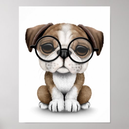 Cute English Bulldog Puppy Wearing Glasses White Poster (Voorkant)