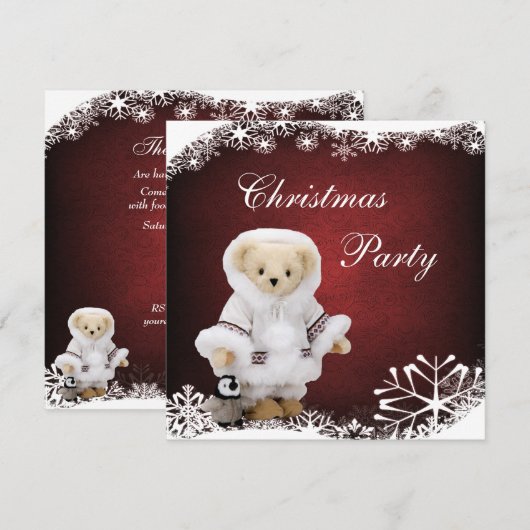 Cute Eskimo Teddy Bear & Penguin Kerstparty Kaart (Voorkant / Achterkant)