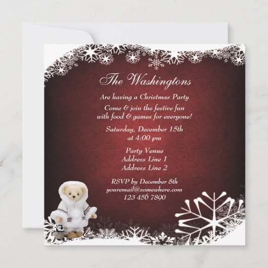 Cute Eskimo Teddy Bear & Penguin Kerstparty Kaart (Achterkant)