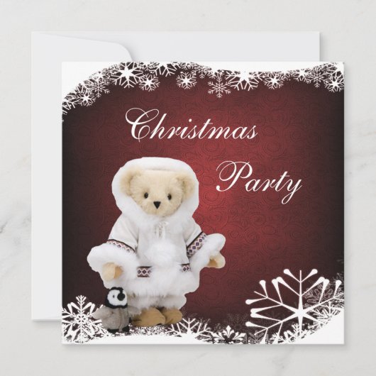 Cute Eskimo Teddy Bear & Penguin Kerstparty Kaart (Voorkant)