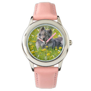 Cute Eurasier Dog in a Meadow Flowering Dandelions Horloge