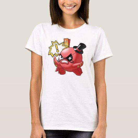 Cute Evil Red Octopus met Mustache en Oogpleister T-shirt (Voorkant)
